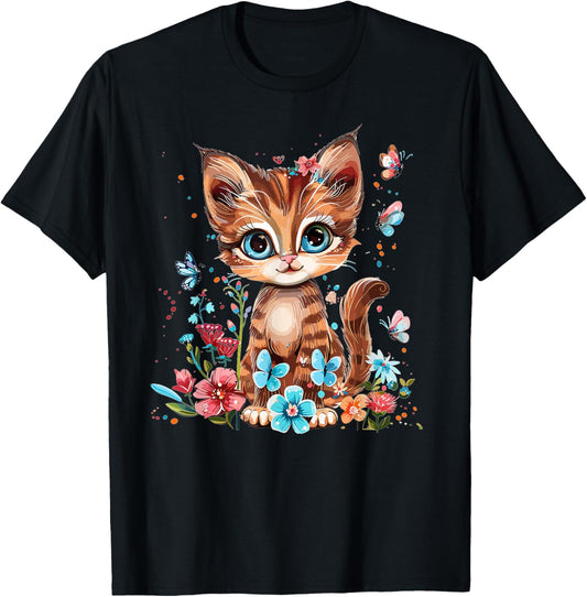 Cute Cat With Flowers I Kids Cat T-Shirt