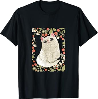 Cute Cat with Strawberry and Flower T-Shirt