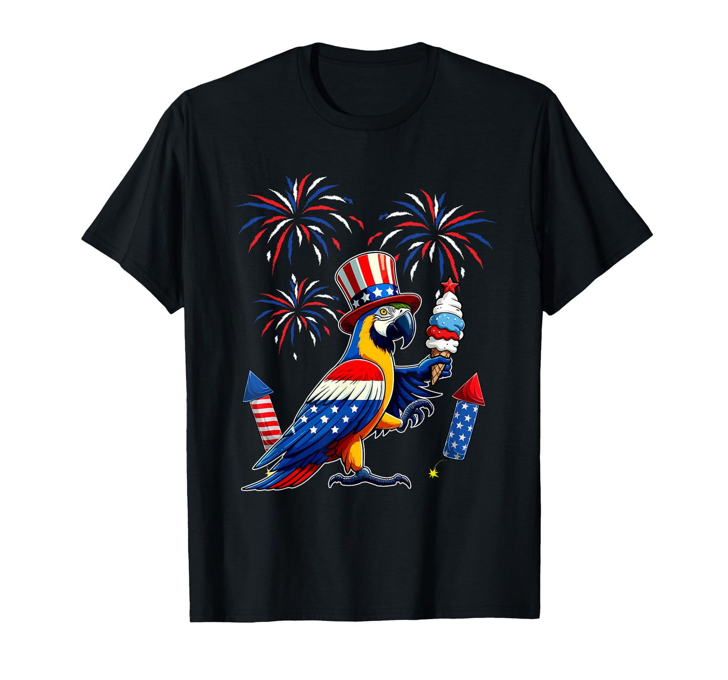 Macaw Sunglasses Eating Ice Cream 4th July US Flag Bird T-Shirt