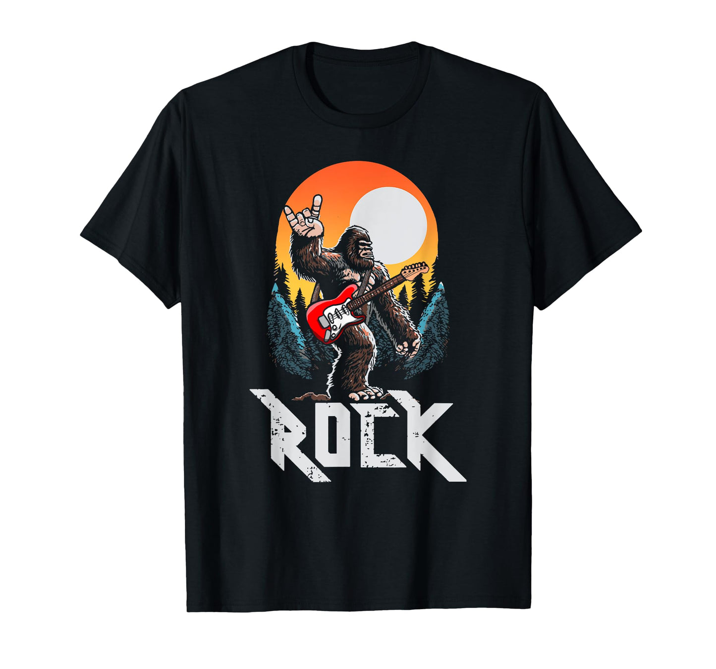Rock! Sasquatch Rock & Roll Bigfoot Electric Guitar Rock On T-Shirt