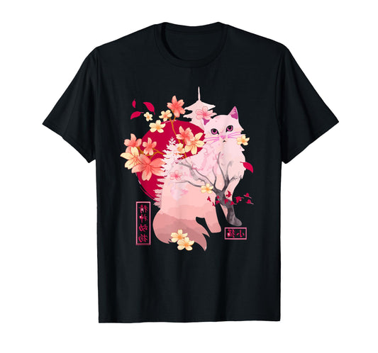 sakura cat Tree Blossoms japanese art Retro 80s Japan Anime T-Shirt