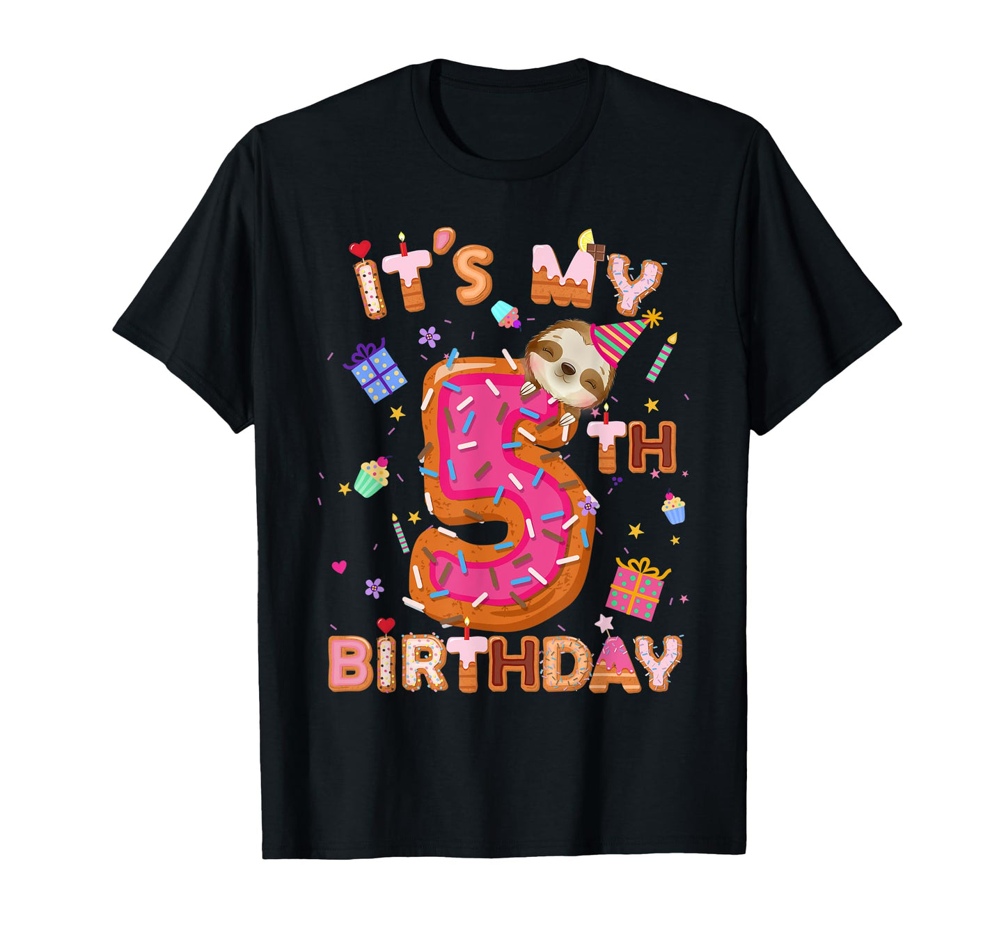 5 Year Old Gifts Boys Girls Teens Donut Sloth 5th Birthday T-Shirt