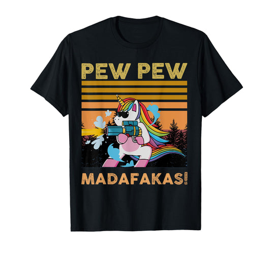 PEW Madafakas Retro Vintage Fantasy Unicorn with Gun T-Shirt