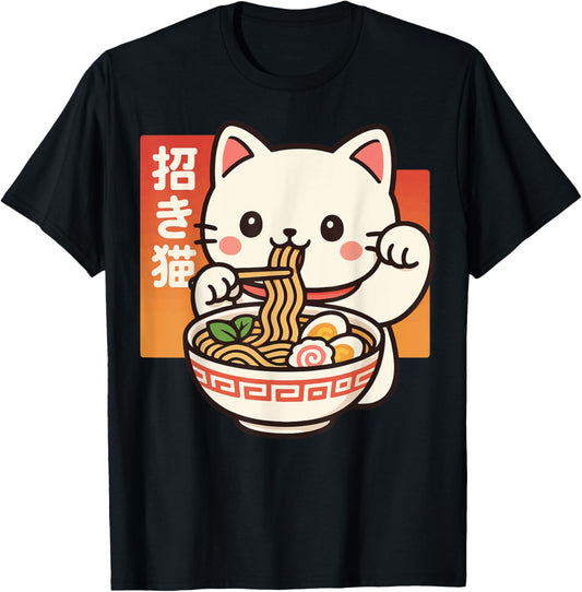 Anime Cat Eating Ramen Retro Kawaii Ramen Cat T-Shirt