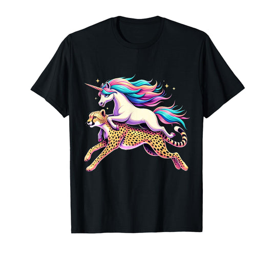 Unicorn Riding Cheetah Boys Girls Men Women Kids Rainbow T-Shirt