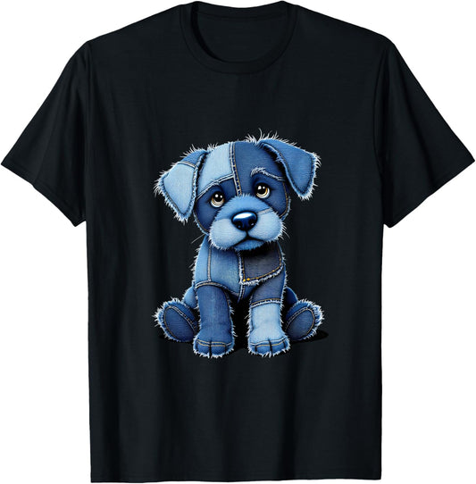 Dog Pattern Denim Patchwork Graphic T-Shirt