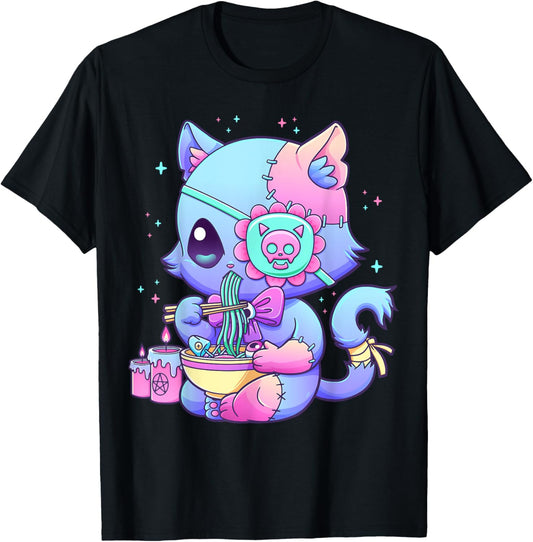 Pastel Goth Aesthetic Kawaii Creepy Cat Eating Ramen Noodles T-Shirt