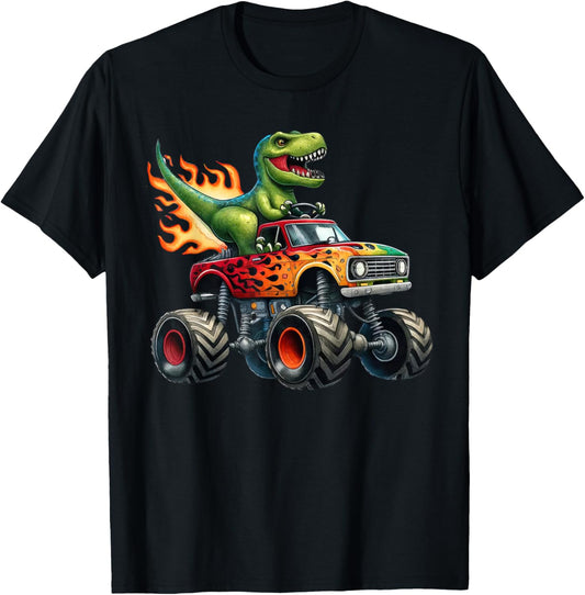 Dinosaur Riding Moster Truck Funny Happy Patriotic Day T-Shirt