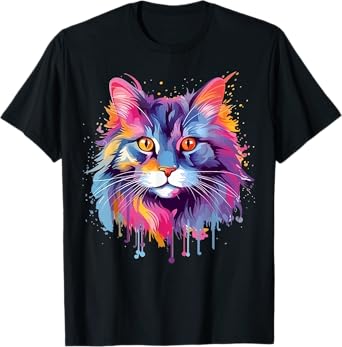 Colorful Splash Art Maine Coon Cat Face T-Shirt
