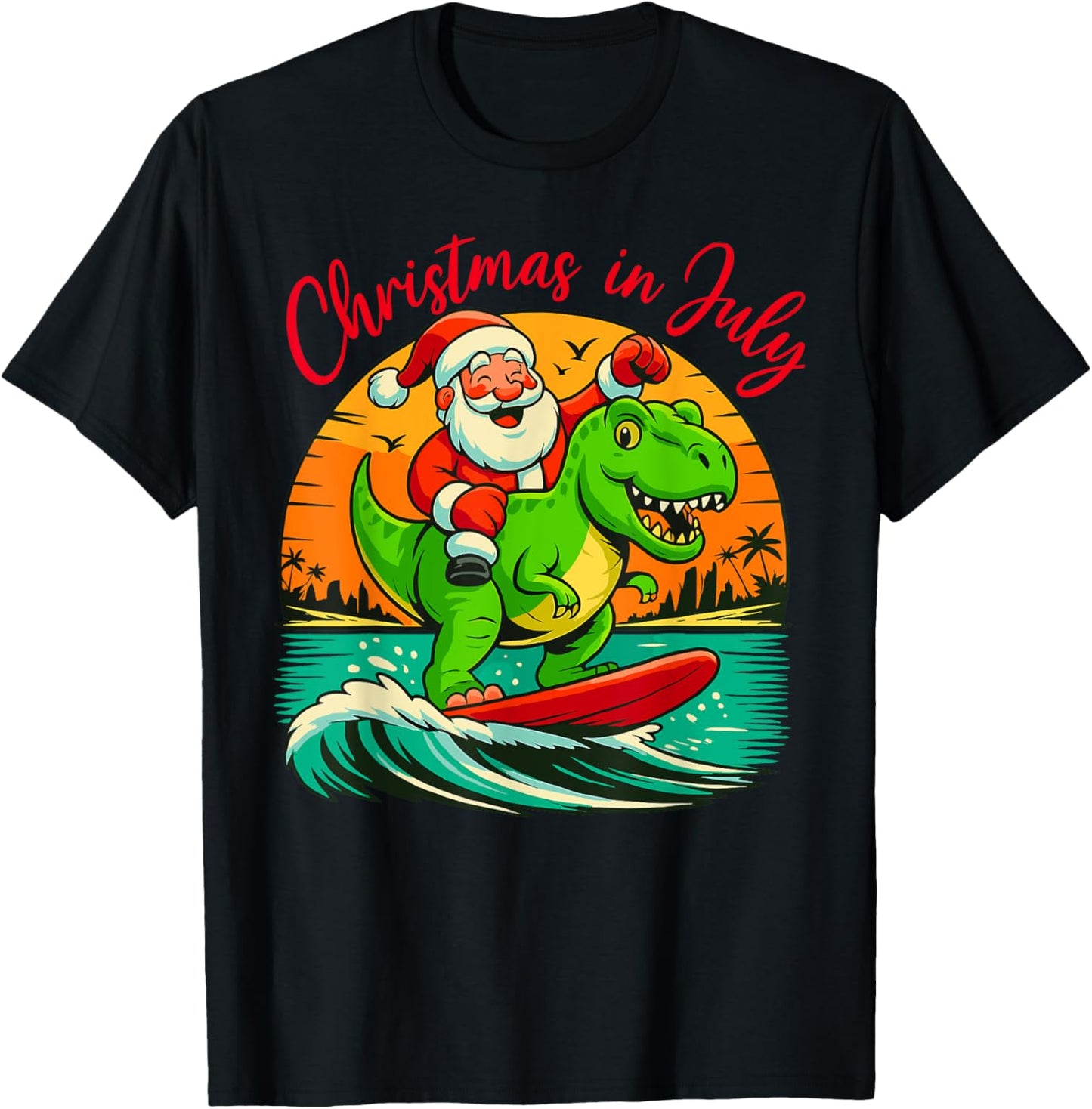 Funny Surfing Santa Dinosaur T-Rex Christmas in July T-Shirt