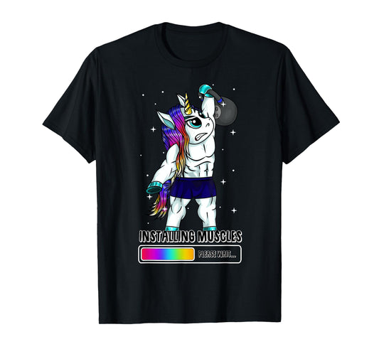Unicorn Installing Muscles Kettlebell Fun Gym Workout Gift T-Shirt