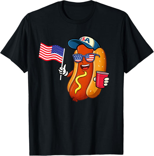 4th of July Hotdog Funny Fourth of July Patriotic USA Flag T-Shirt