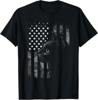Vintage Style Black Cat Camo American Flag Patriotic Gift Women Kids Men T-Shirt