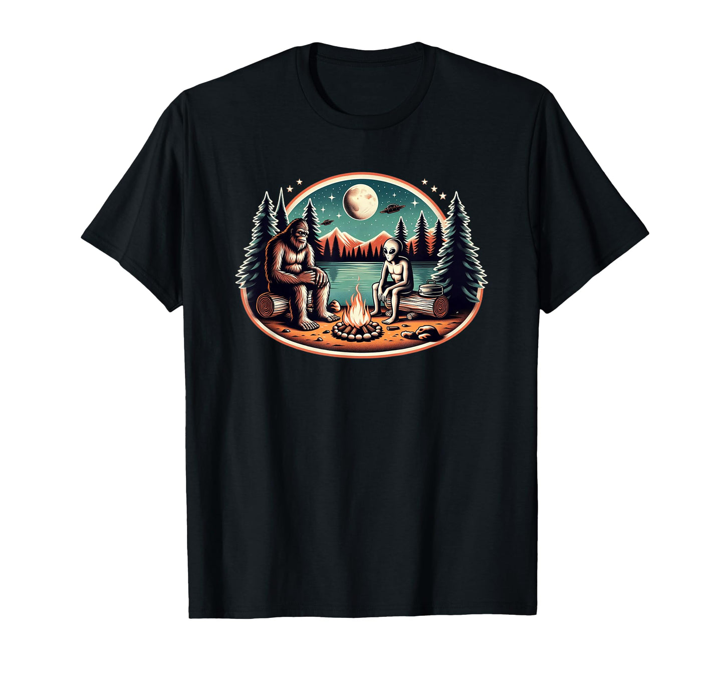 Bigfoot and Alien Campfire UFO Forest Night T-Shirt