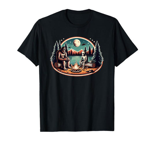 Bigfoot and Alien Campfire UFO Forest Night T-Shirt