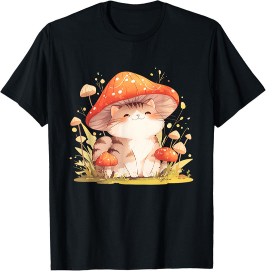 Cute Mushroom Cat Aesthetic Cottagecore Fairydrop Cat Art T-Shirt