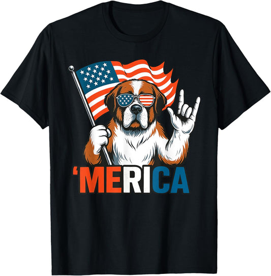 Saint Bernard Merica American Flag 4th Of July Dog Lover T-Shirt