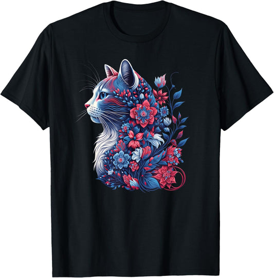Cat Flowers - Red White and Blue 4th of July Patriotic T-Shirt