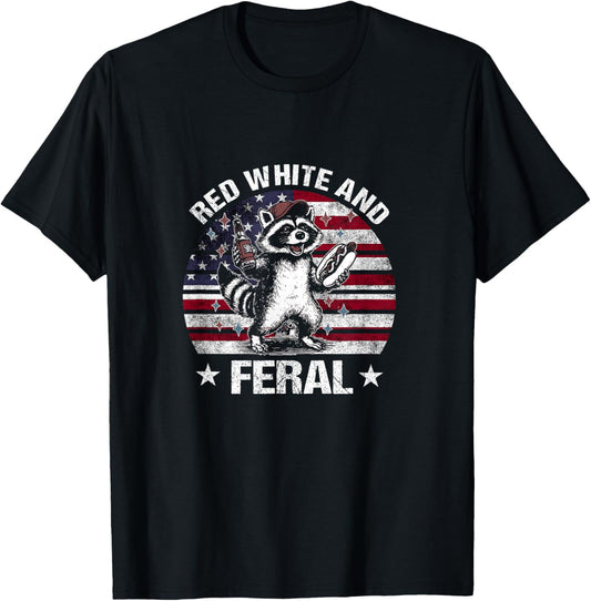 Red White And Feral Hot Dog Raccoon 4th Of July Trash Panda T-Shirt