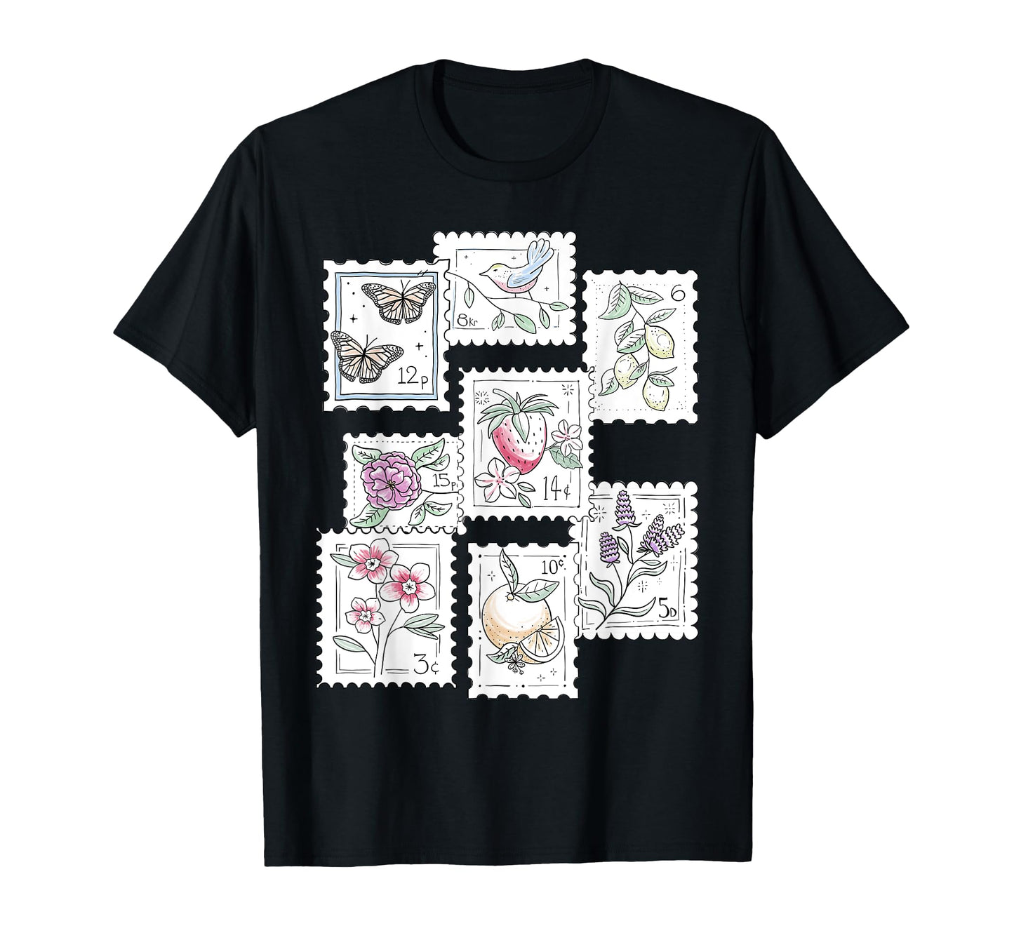 Postage Stamp Pattern Flowers Butterflies Bird Strawberry T-Shirt