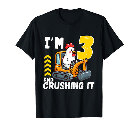 Kids Three 3yr 3rd Birthday Construction Boy 3 Years Old Chicken T-Shirt