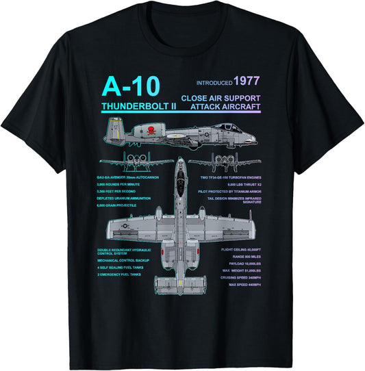 Dinosaurus Rekx A-10 Thunderbolt II Warthog Military Jet Blueprint T-Shirt, Small, Black
