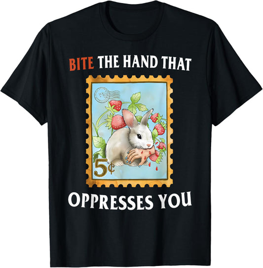 Retro Bite the Hand That Oppressed You Funny Bunny Stamp T-Shirt