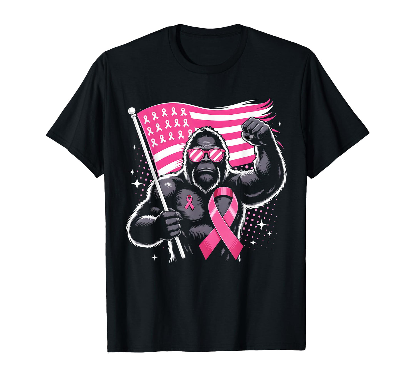 Bigfoot Pink Ribbon USA Flag Breast Cancer Awareness T-Shirt