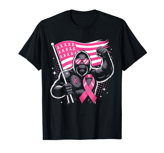 Bigfoot Pink Ribbon USA Flag Breast Cancer Awareness T-Shirt