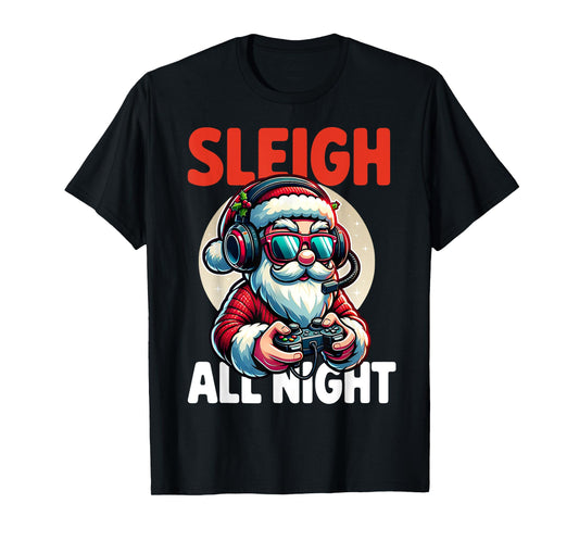 Christmas Gamer Boys Sleigh All Night Video Game Santa Xmas T-Shirt