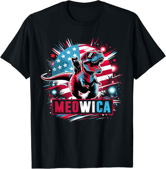Cat Riding T Rex Dinosaur 4th of July Meowica American Flag T-Shirt