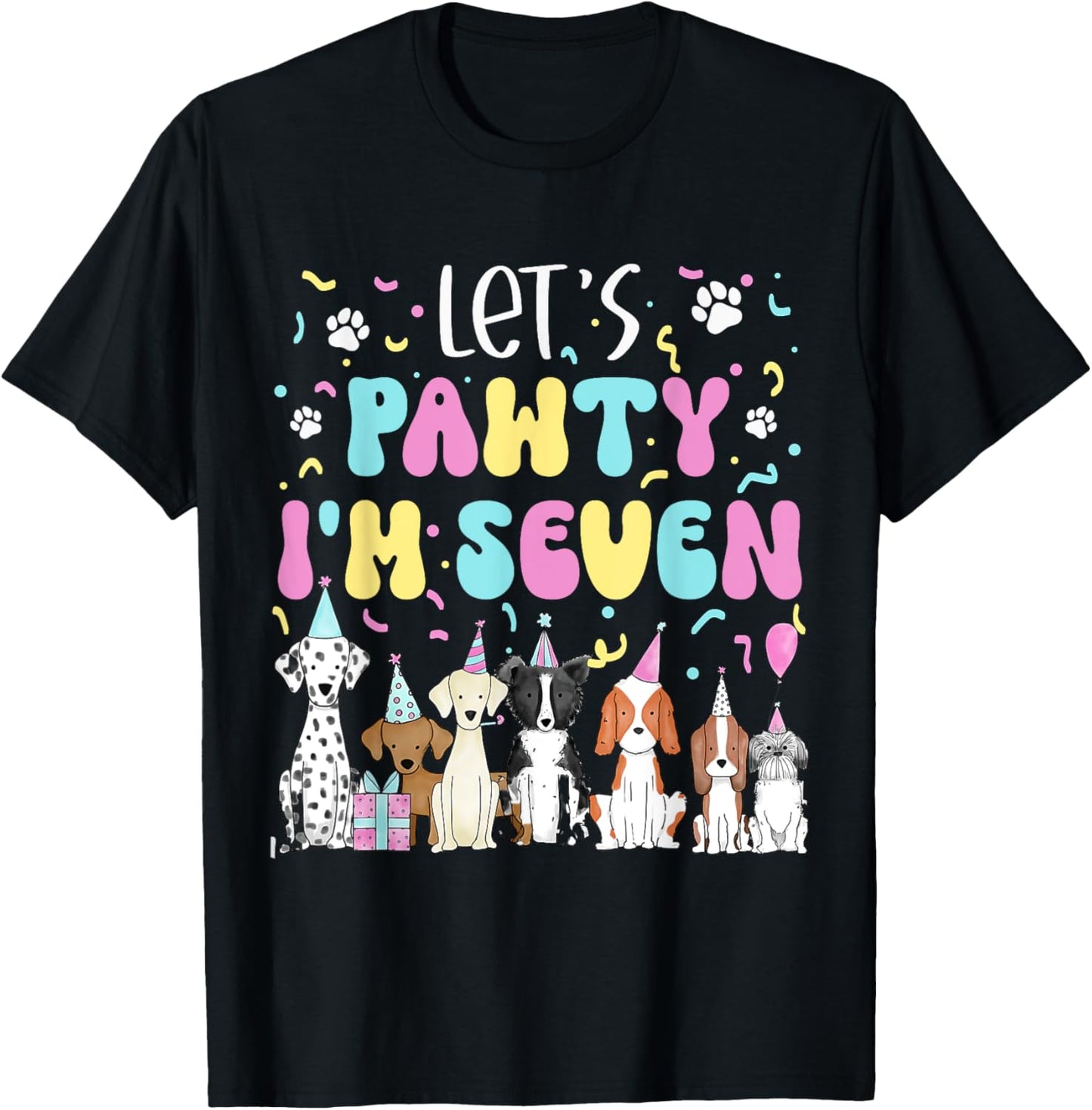 Kids Lets Pawty I'm Seven Pet Puppy Dog Theme Birthday Party T-Shirt