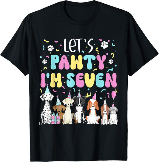 Kids Lets Pawty I'm Seven Pet Puppy Dog Theme Birthday Party T-Shirt