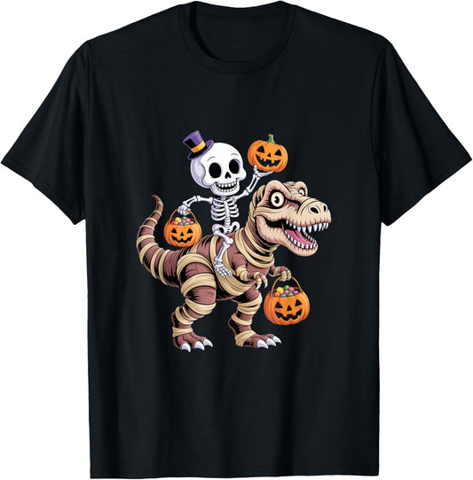 Skeleton Riding Dinosaur T Rex Halloween Night Ride Design T-Shirt
