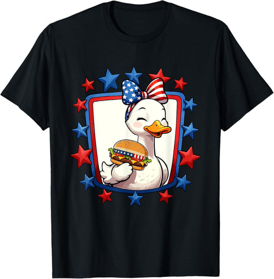 Goose Bow Tie Eating Hamburger 4th Of July US Flag Patriotic T-Shirt