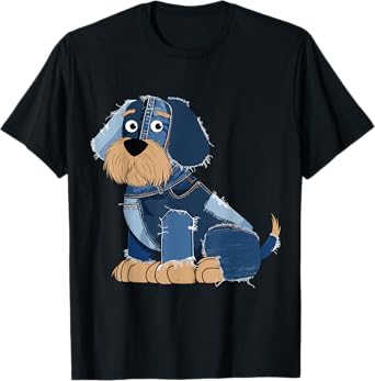 Denim Patch Bearded Dog Funny Jean Style Pup Animal Dog Men Women Kids T-Shirt