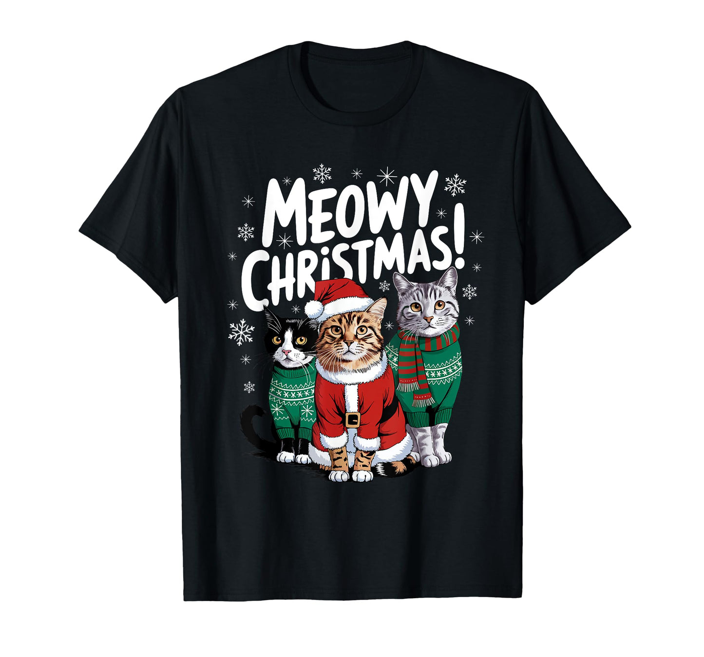 Meowy Christmas Funny Cat Christmas Holiday Xmas Santa Hat T-Shirt for Men Women Kids