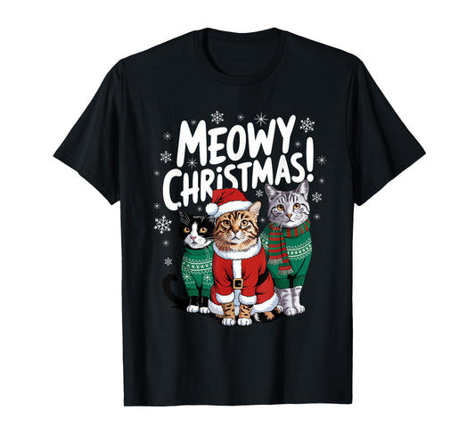 Meowy Christmas Funny Cat Christmas Holiday Xmas Santa Hat T-Shirt for Men Women Kids