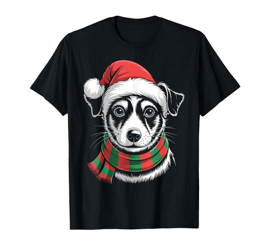 Rat Terrier Dog Xmas Santa Hat Scarf Christmas Costume T-Shirt