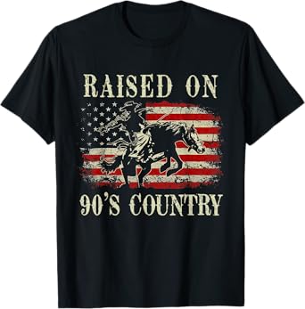 Raised On 90's Country Cowboy Riding Horse Vintage USA Flag T-Shirt