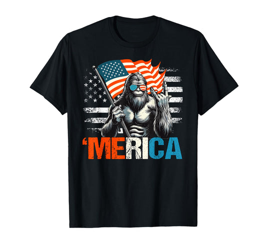 Bigfoot Merica Rock American Flag Patriotic Sasquatch 4th Of T-Shirt