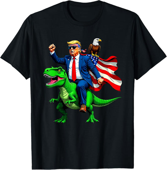 Trump Riding T-Rex Funny USA 4th of July Patriotic Tee T-Shirt