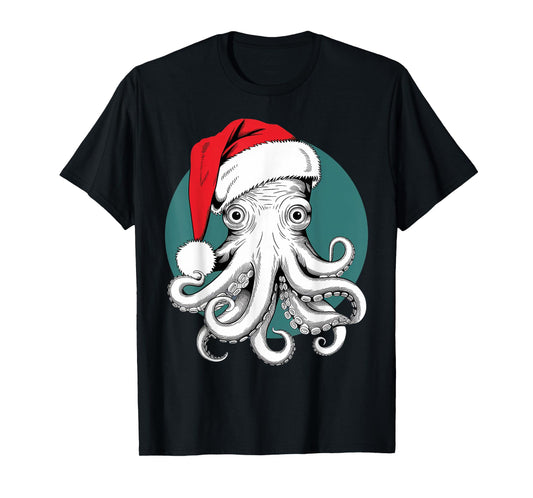 Joyful Octopus Santa on Octopus Christmas T-Shirt