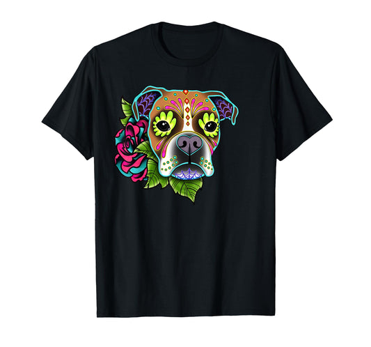 Boxer in Fawn and White - Day of the Dead Sugar Skull Dog T-Shirt