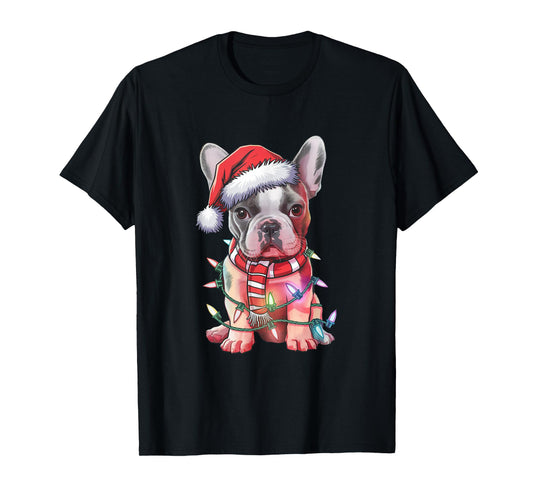 Christmas Lights French Bulldog Santa Hat Funny Dog Xmas Men Women Kids T-Shirt