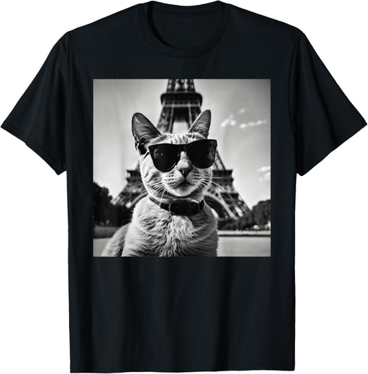 Funny French Cat Wearing Sunglasses And Paris Eiffel Tower T-Shirt