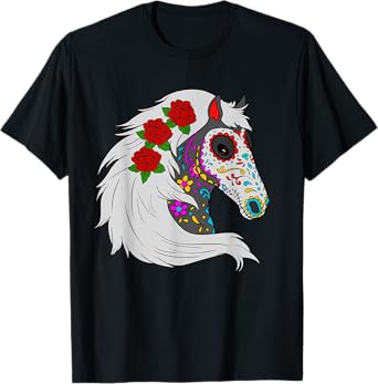 Day Of Dead Horse Mexican Roses Lover Horse Sugar Skull T-Shirt