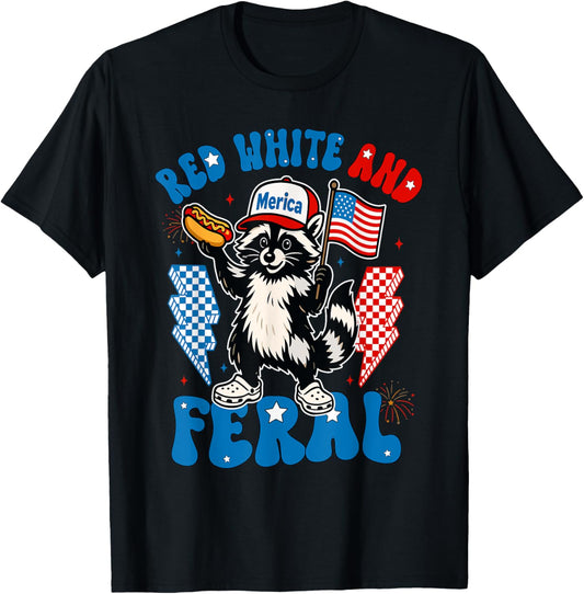 Red White And Feral Hot Dog Raccoon 4th Of July Trash Panda T-Shirt