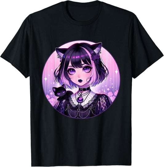 Japanese Gothic Kawaii Anime Pastel Goth Emo Witchy Cat Girl T-Shirt