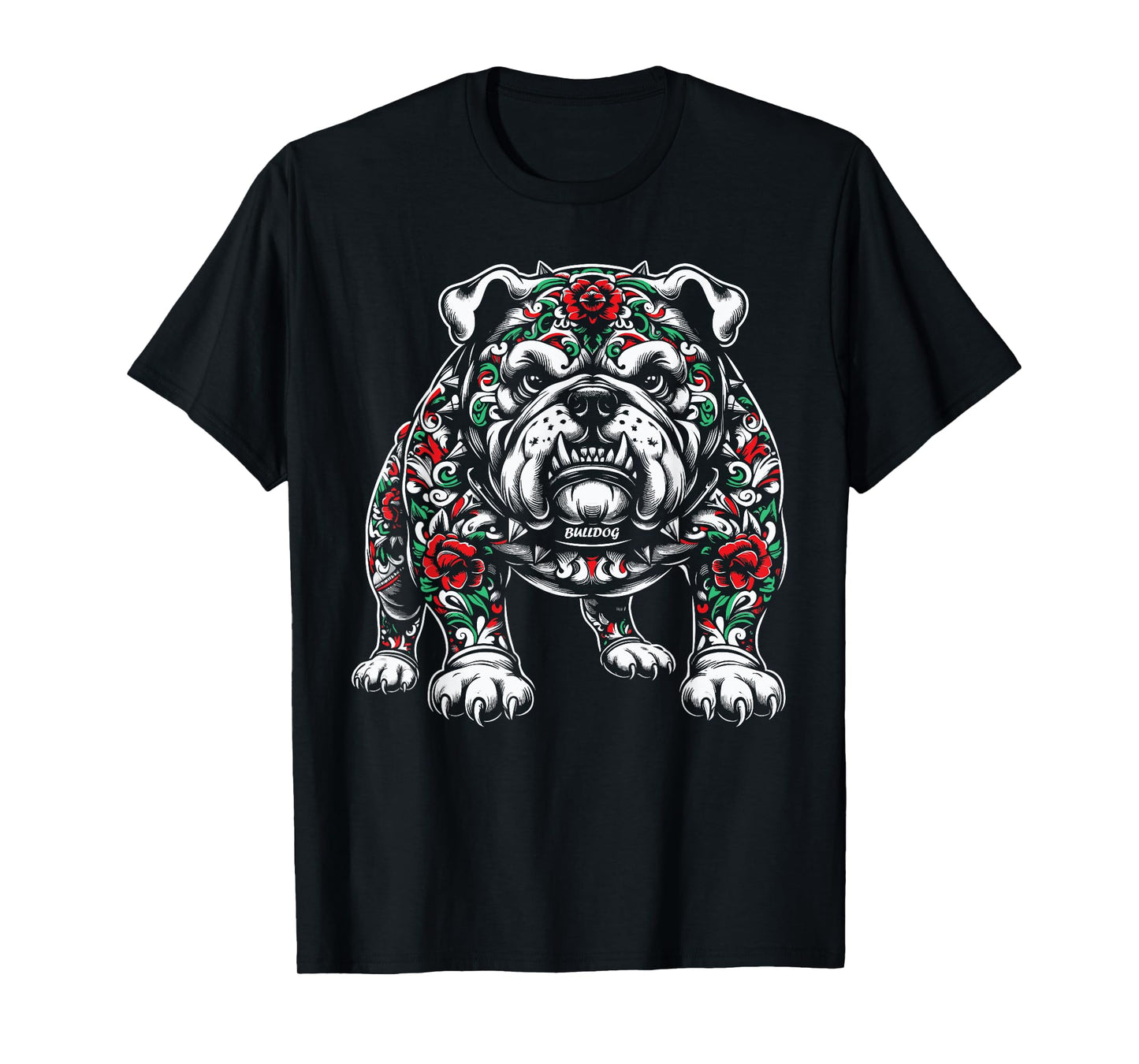 Bulldog Floral Red Rose Mens Womens T-Shirt